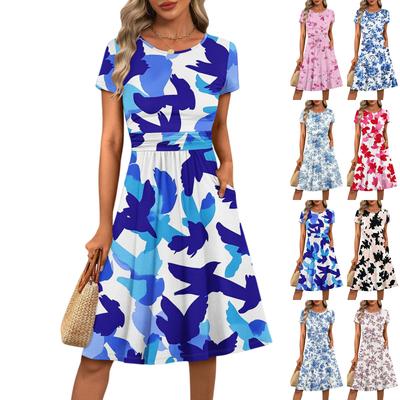 Robe Midi A-Line Décontractée Mode Femme Col Rond Plissée Manches Courtes Imprimé Floral