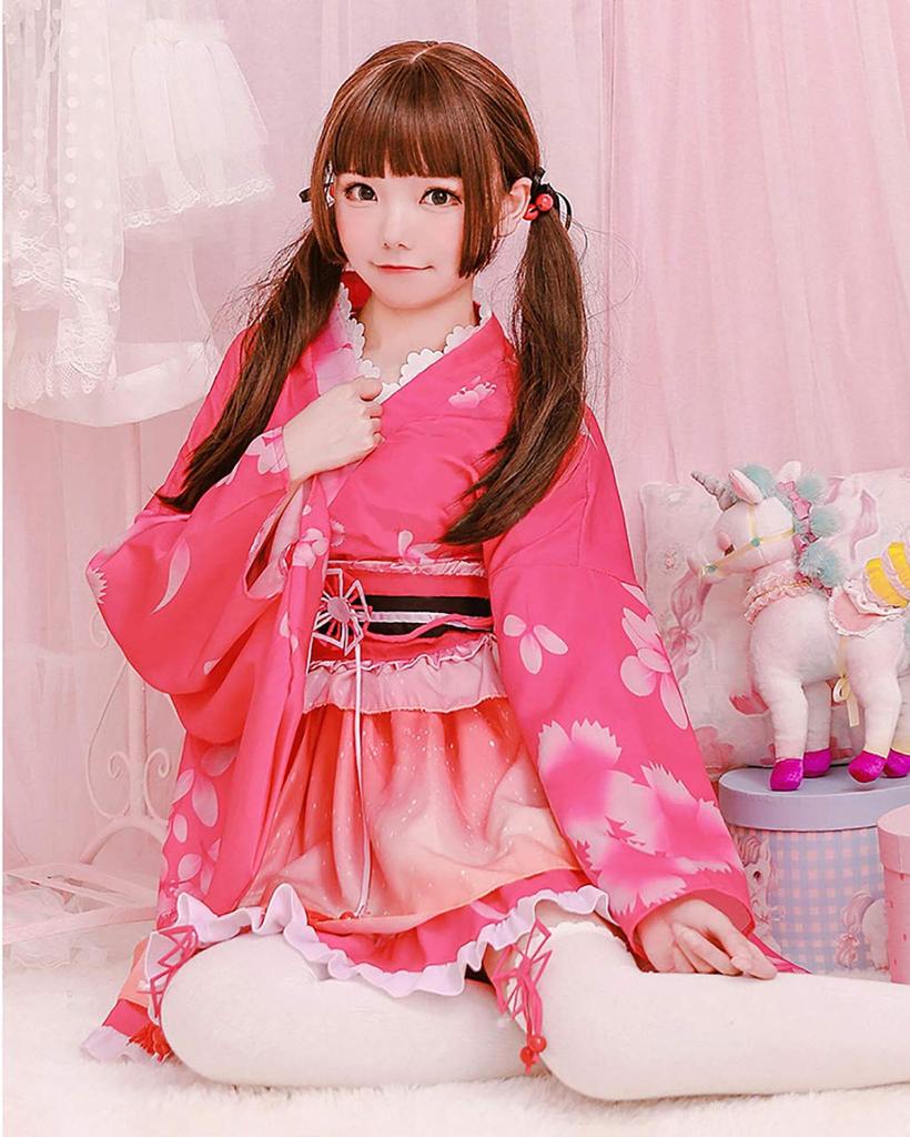 Yukata Minirock im japanischen Stil Süßes Cosplay Halloween Kostüm Set Sommerfest Kurtisane [Milchzeit] (Rosa)