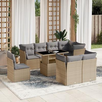 Vidaxl 9-Cz. Garden Furniture Set With Cushions, Beige, Poly Rattan