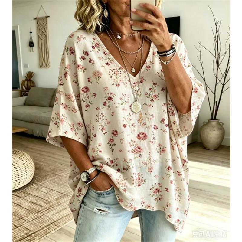 Damska koszulka z nadrukiem, w dużym rozmiarze, z dekoltem w serek, rękawami nietoperzowymi. Styl boho, etniczny nadruk, luźny top, letni, wygodny, oddychający, do codziennego użytku, na dojazdy do pracy, casualowy
