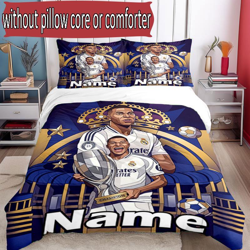 3pcs Duvet Cover Set (1*Duvet Cover + 2*Pillowcase, Without Core), Custom Name Kylian Mbappe Pattern Bedding Set, Home Bedroom Decor Gift