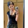 Women's Summer Black Lace Bow U-Neck Short-Sleeve Retro Top