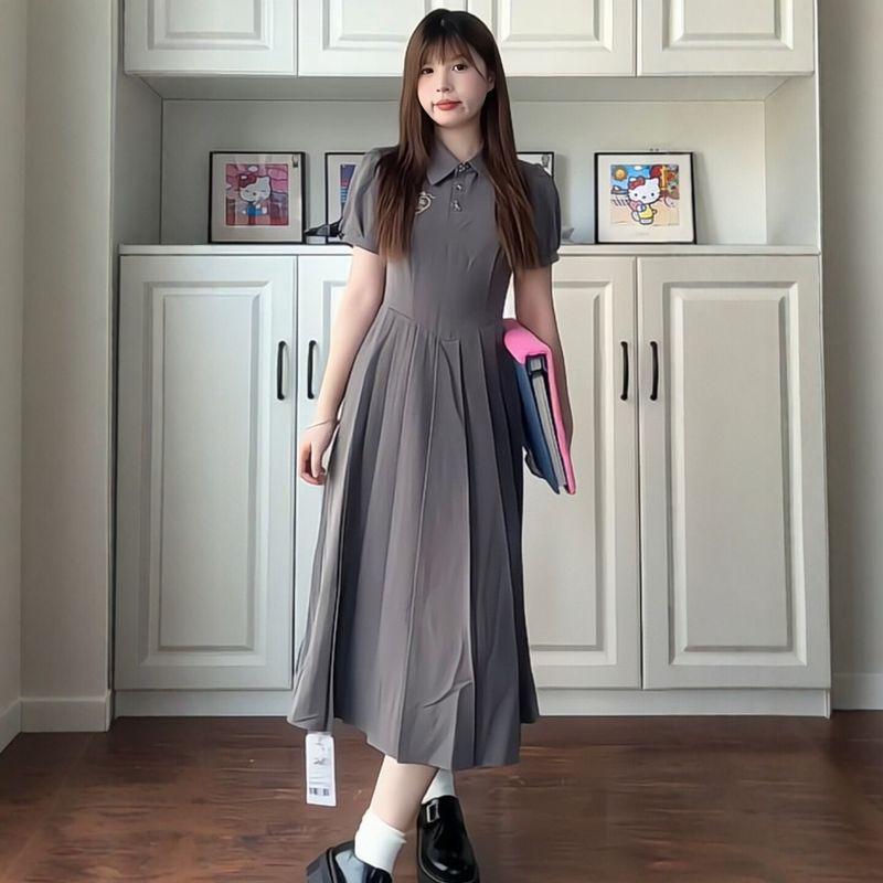 

Plus Size Women s Clothing for Fat Girls, Korean Style Preppy Style Polo Collar Waist-Cinching Dress, 2026 Summer Fashion Slimming Dress Gray L