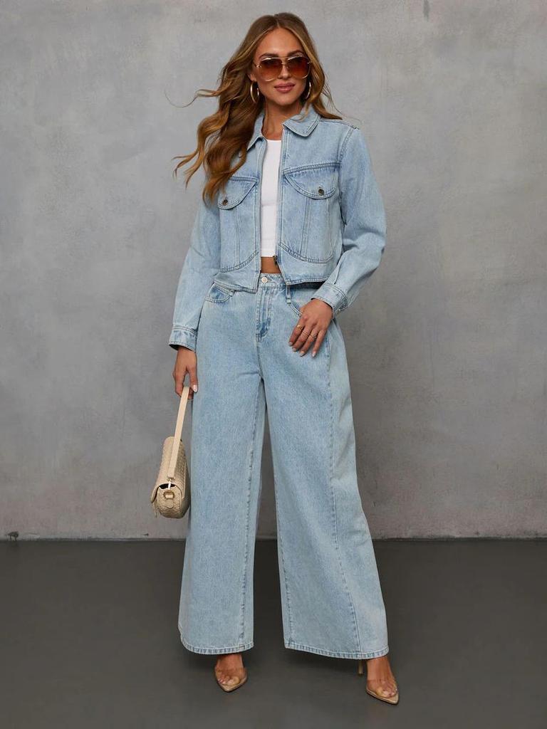 Windy Spring Fashion Casual Loose Women's Denim Jacket Pants Set