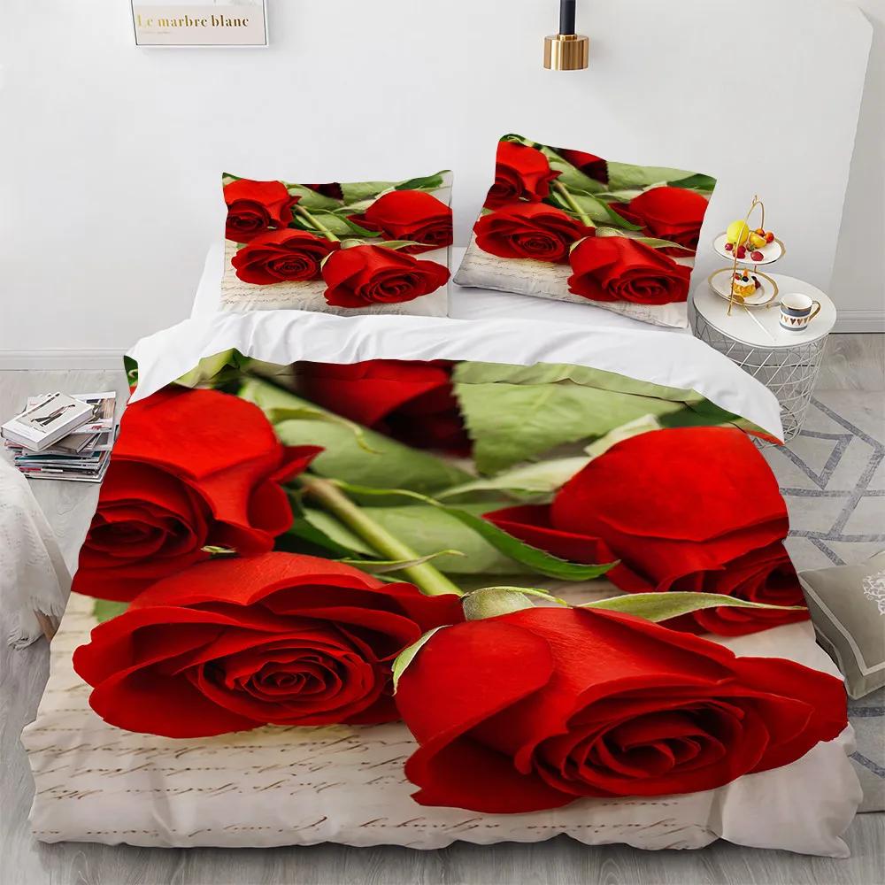 Wedding Theme Rose Bedding Chinese Wholesale Home Textile Quilt Bad Cover Set Marry Decoration Bedclothes Hd 5D Red Rose Flower