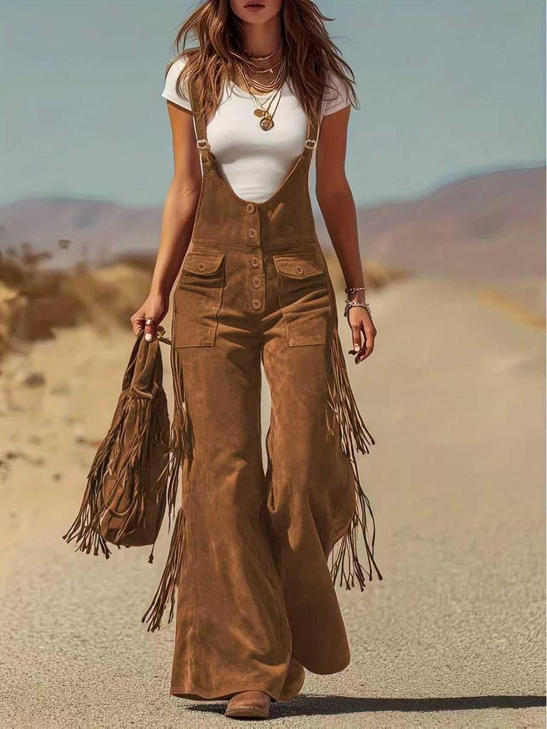 Retro Western Wildleder Fransen Weite Beine Taschen Latzhose