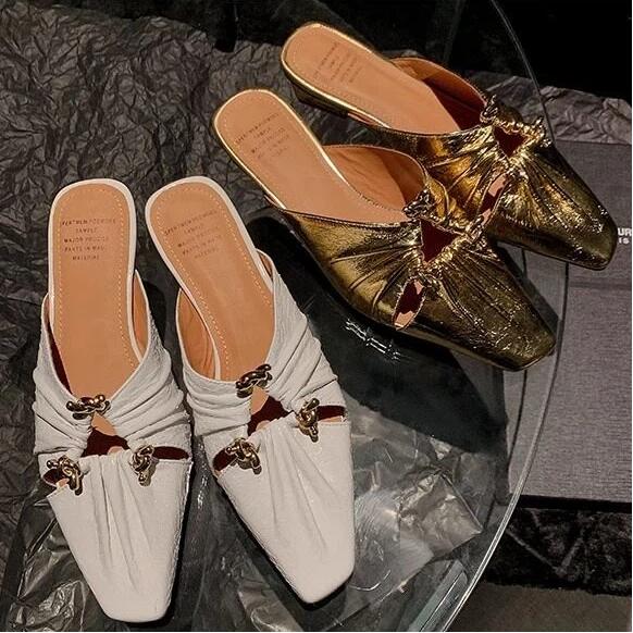 Baotou Cool Slippers Spring And Summer Triangular Buckle Hollow Thick Heel Wrinkled M Ü Ller Shoes For Women
