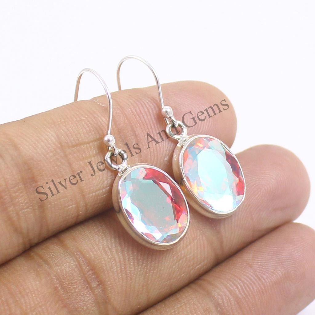 Natural Angel Aura Quartz Earrings, Handmade Earrings, 925 Sterling Silver Oval Aura Quartz Earrings, Gift for Her