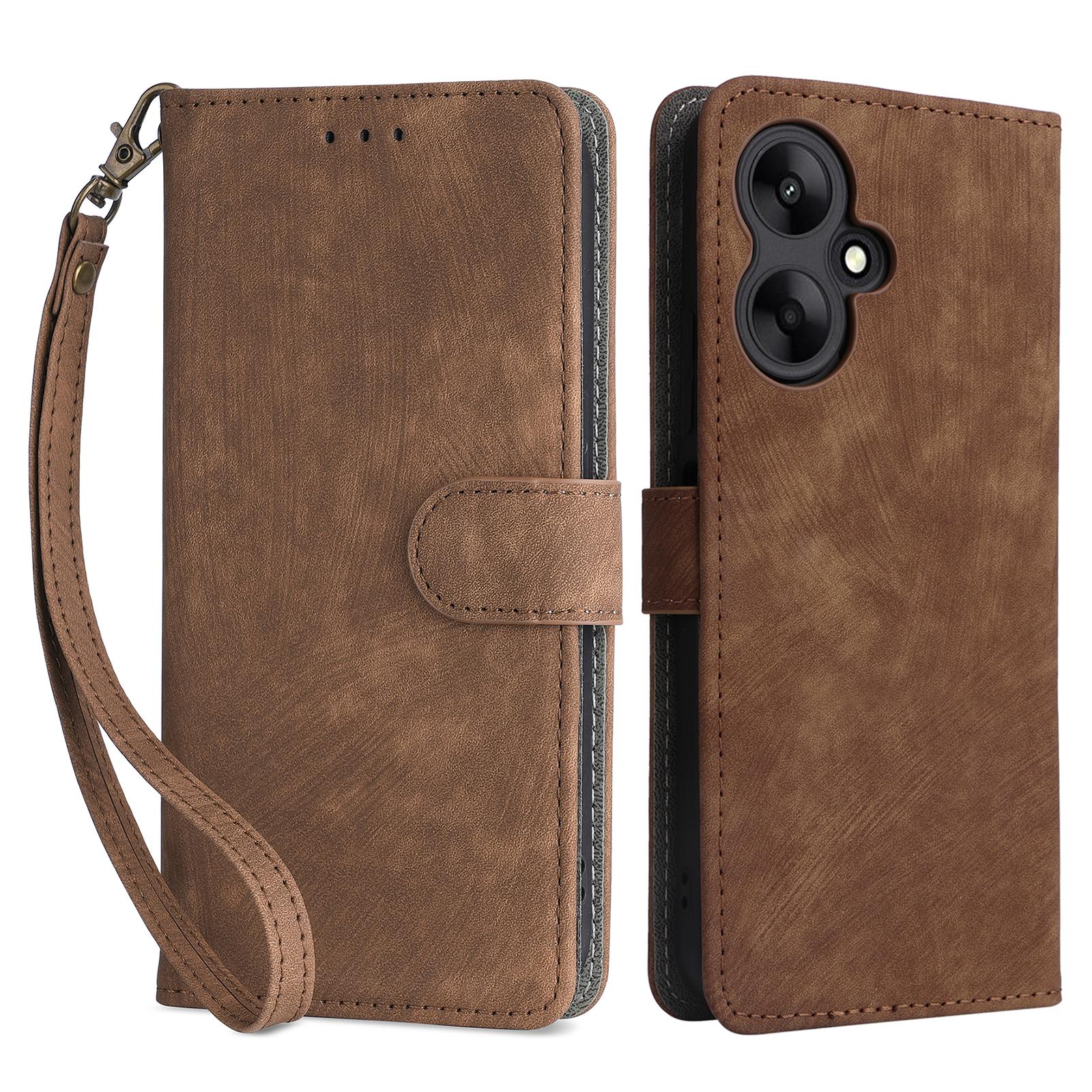 

For Xiaomi Redmi 13C 5G/Redmi 13R 5G/Poco M6 5G Case RFID Blocking Leather Phone Shell with Wrist Strap Brown