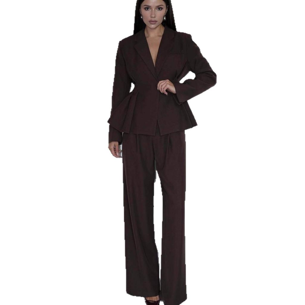 European and American women's wear 2025 autumn new arrival: elegant waist-cinching long-sleeve suit high-waisted straight-leg pants deep V two-piece 