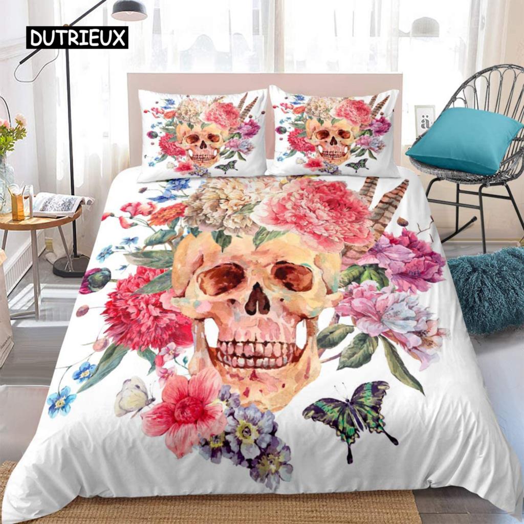 Sugar Skull Duvet Cover Set 3D Printed Gothic Bedding Soft Comforter with Zipper 2 Pillow Shams