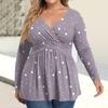 Women's Plus Size Shirt Long Sleeve  Print Top Pleated Casual V-Neck Top