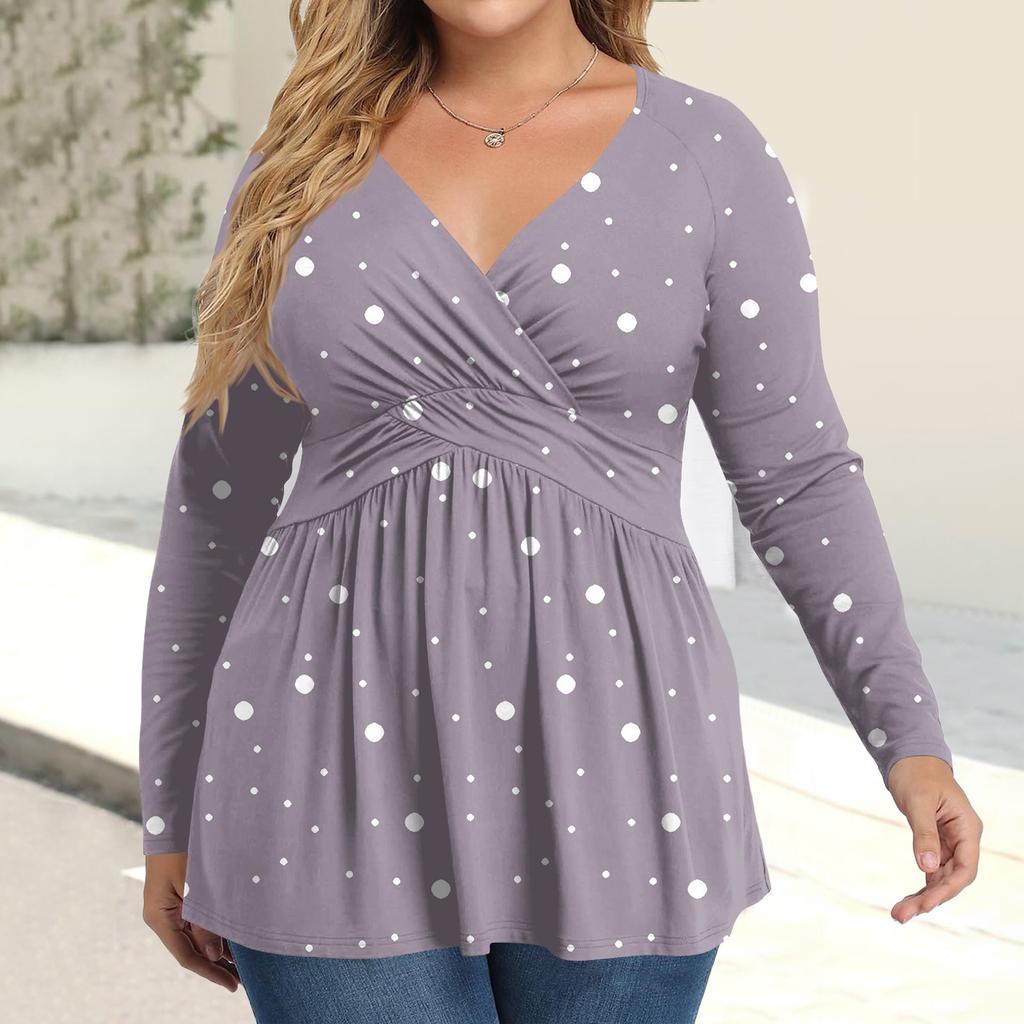Women's Plus Size Shirt Long Sleeve  Print Top Pleated Casual V-Neck Top