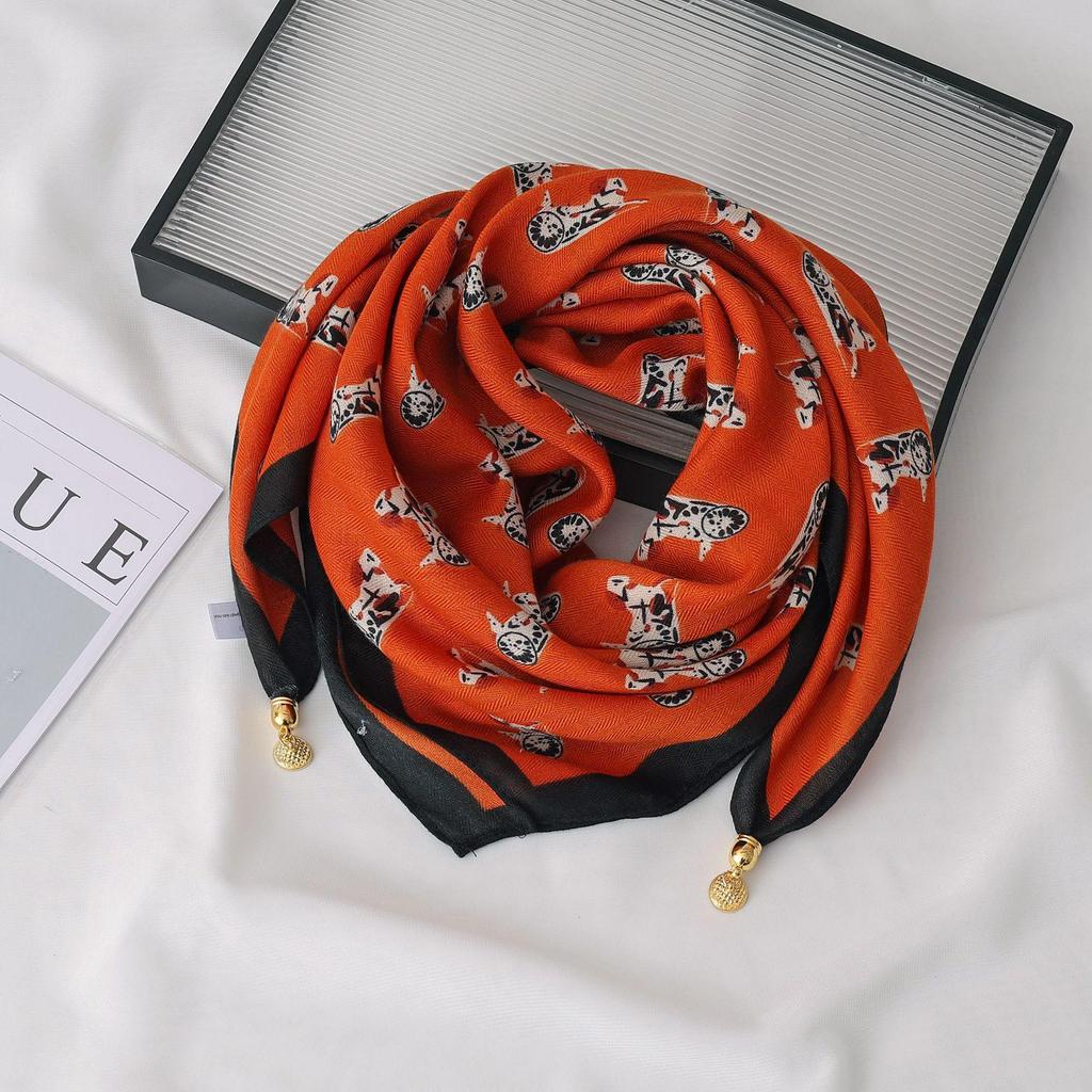 Women's 65" Silk Square Scarf with Magnetic Buckle – Autumn/Winter Print, Fashionable & Versatile Triangle Snood