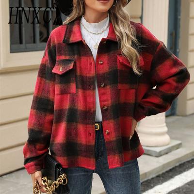 Moda feminina casual outono inverno xadrez estampa manga comprida polo pescoço cardigans
