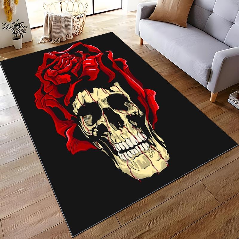 Skull Rose Printed Flannel Non-slip Carpet Suitable for Living Room and Bedroom