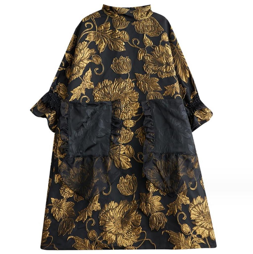 Lady A Jacquard Dress with Gold Embroidery and In Lazy Trendy, 5/8-sleeve, High-neck, Knee-length Black.