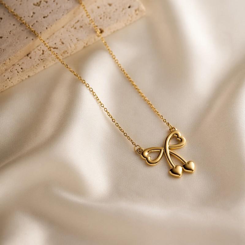 European and American French Gold Stainless Steel Three-dimensional Love Bow Cherry Pendant Necklace Collarbone Chain Women
