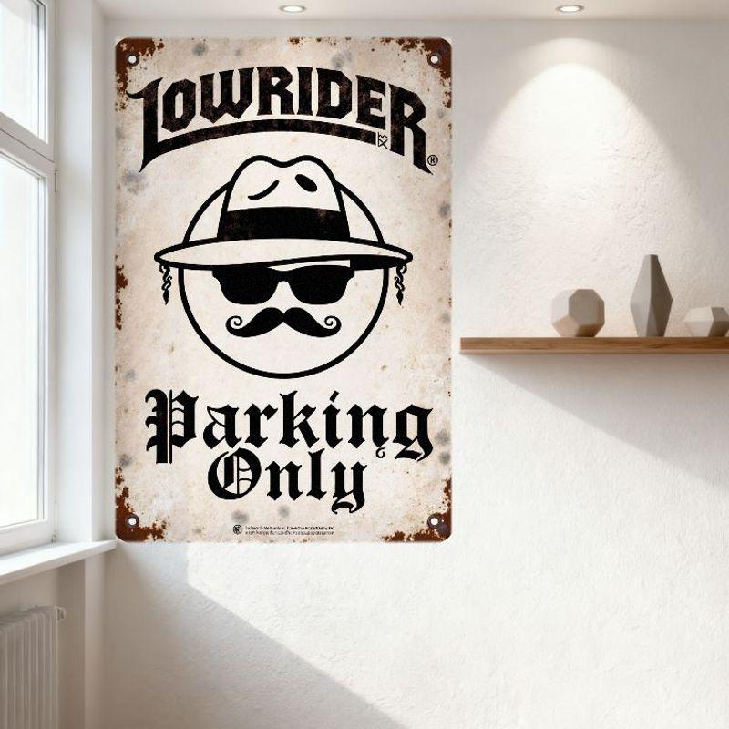 Vintage Lowrider Parking Only Metal Tin Sign with Gothic Text & Gangster Aesthetic Distressed Wall Decor for Bar Man Cave Garage