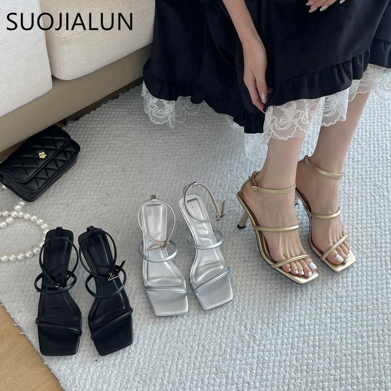 Fashion SUOJIALUN 2025 Summer New Brand Women Sandal Fashion Narrow Band Ladies Elegant Gladiator Shoes Thin High Heel Dress Pumps