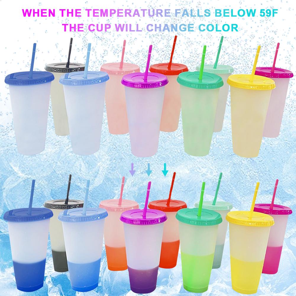 10 Pcs Reusable Plastic Cups with Lids & Straws Color Changing Cups Cold Iced Coffee Cups 24 OZ Ice Cold Drinking Cup for Drinks