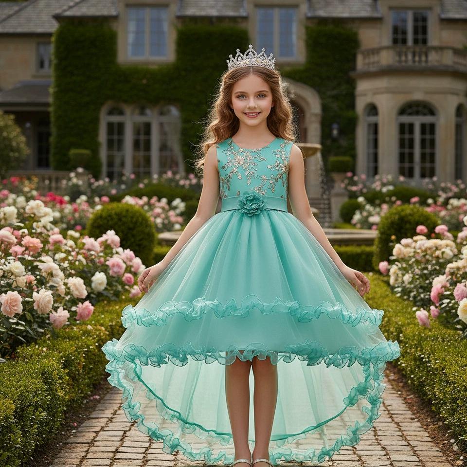 

Платье принцессы с вышивкой пайетками и цветами для детей, стиль подиума 110 зелёный