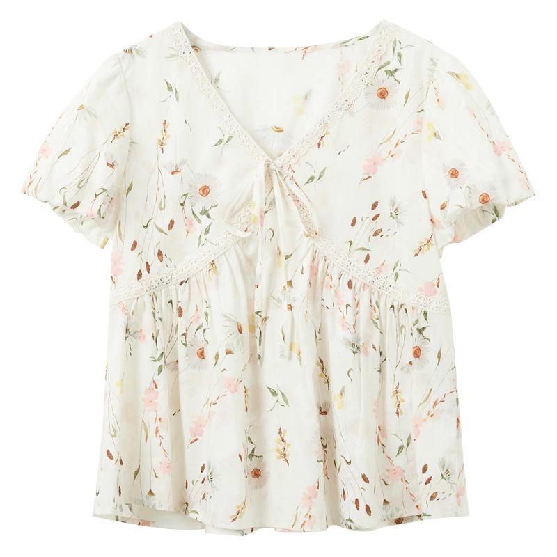Sancai 100% Cotton Floral V-Neck Puff Sleeve Blouse S