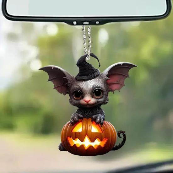 Halloween Decoration Witch Hat Bat Pumpkin Pendant 2D Acrylic Cat Rearview Mirror Charm Festive Atmosphere Enhancer