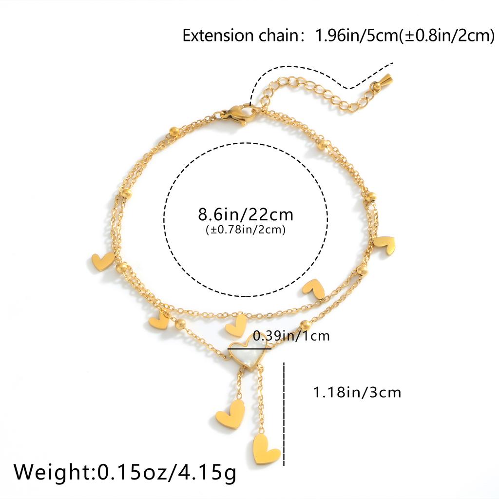 Heart shaped shell inlaid heart pendant layered stainless steel women's fashionable golden jewelry gift summer beach anklet