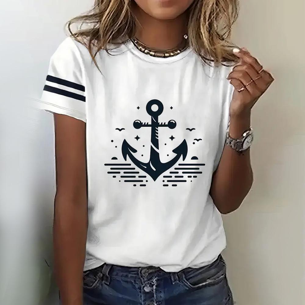 

Новая летняя женская футболка, модные футболки с круглым вырезом, 3D-принтом якоря и леопарда, топы с коротким рукавом, весна и лето 3XL
