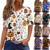 Women's Casual Short Sleeve Pullover Top Halloween Pumpkin Bat Print Round Neck Fashionable Relaxed Fit Shirt for Everyday Wear