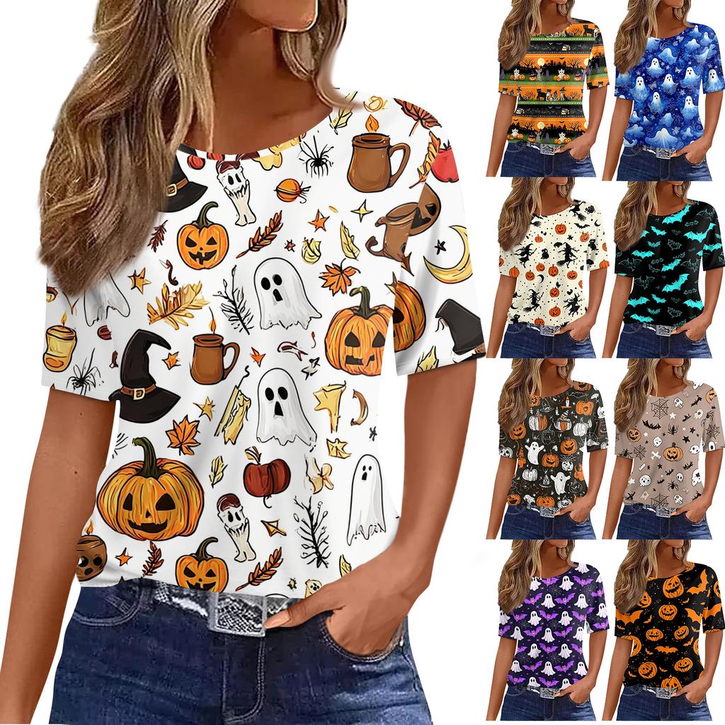 Women's Casual Short Sleeve Pullover Top Halloween Pumpkin Bat Print Round Neck Fashionable Relaxed Fit Shirt for Everyday Wear