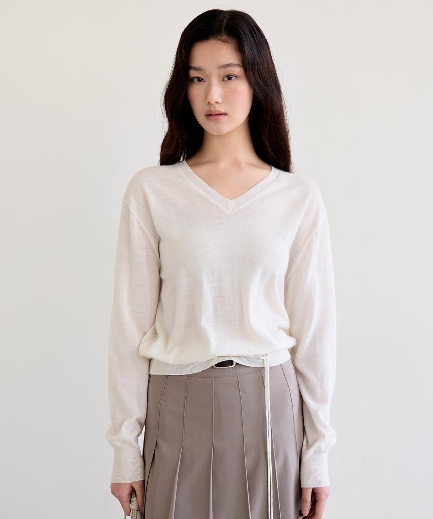 THEELO Strap Detail V-Neck Knit Top (Ivory)