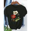 European Sizes Women'S Floral Print Short Sleeve T-Shirt - Soft Pink Top with Vibrant Red Poppy & White Flower Design