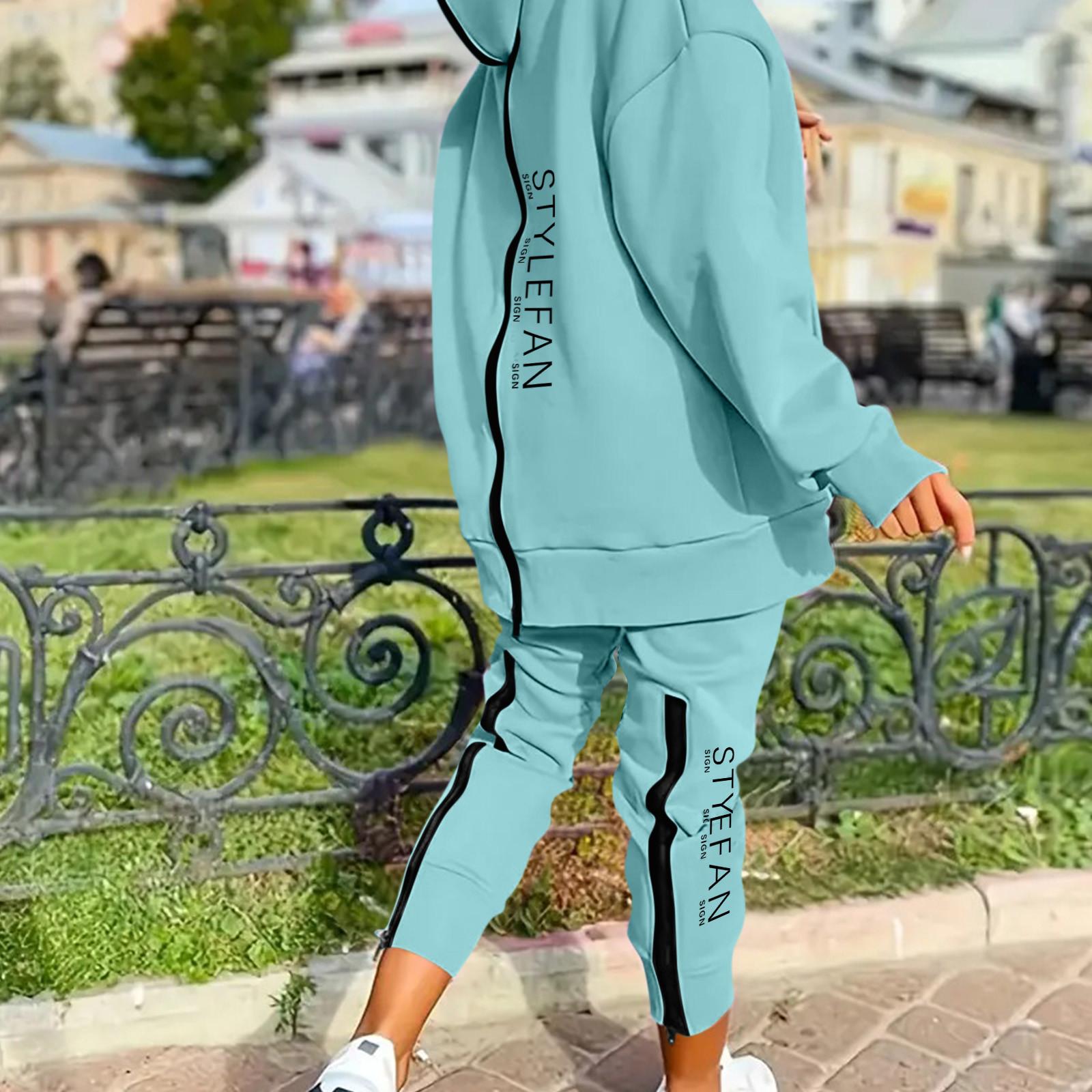 

Женский комплект из двух предметов с длинными рукавами, длинными брюками и капюшоном на молнии L циан