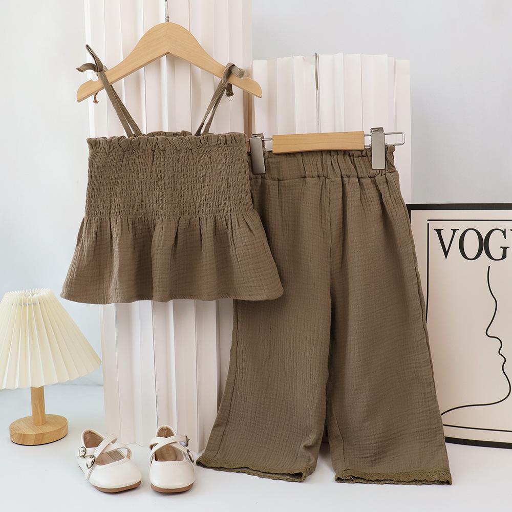 New Children's Summer Outfit for Girls, Tie Strap Camisole Top + Wide-Leg Pants, Baby Mori Style Set, Korean Version Vacation Set