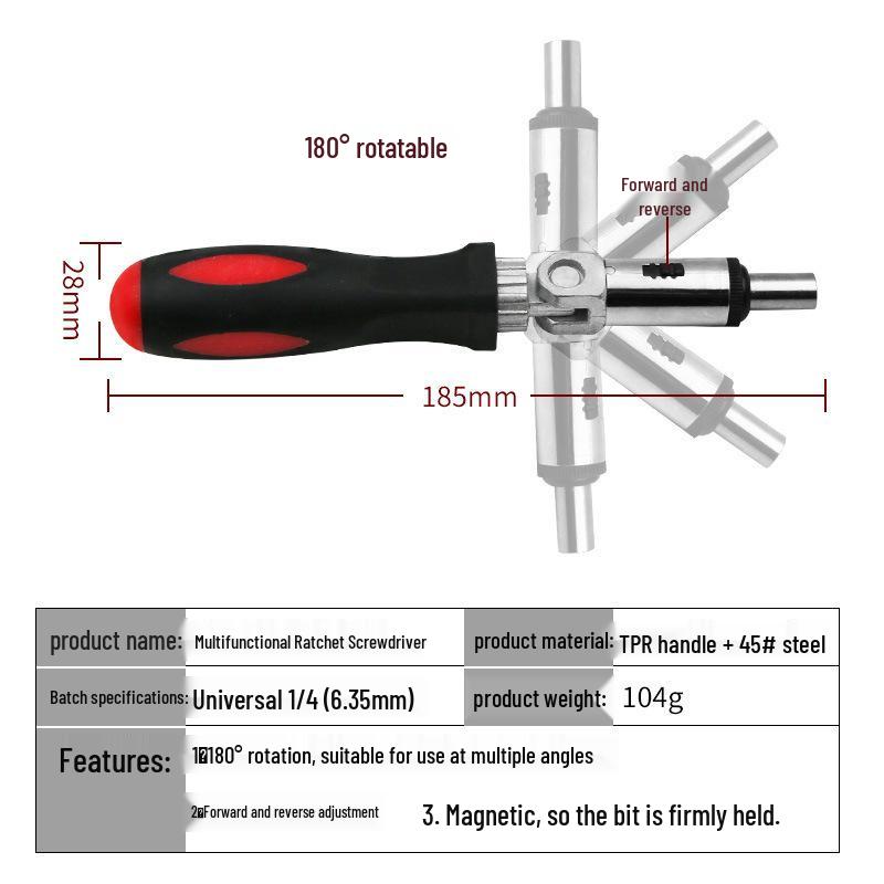 Adjustable 0-180° Ratchet Screwdriver with Hex Socket and Bi-Directional Turn