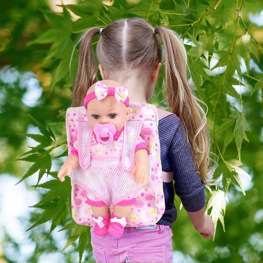 12" Girls Baby Doll Backpack Carrier Playset,12 Inch Reborn Baby Dolls With Acssories And Clothes Set Toy Stuffs Pink Hanky Di