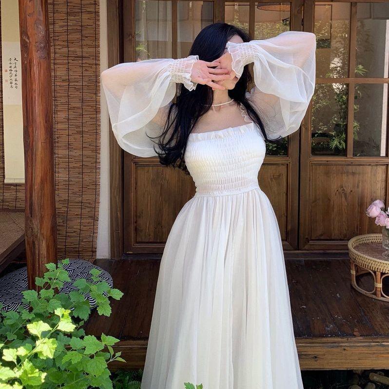 2026 Sanya Beach Resort Dress, White Chiffon, Large Hem, Extra Long, High-End Feel