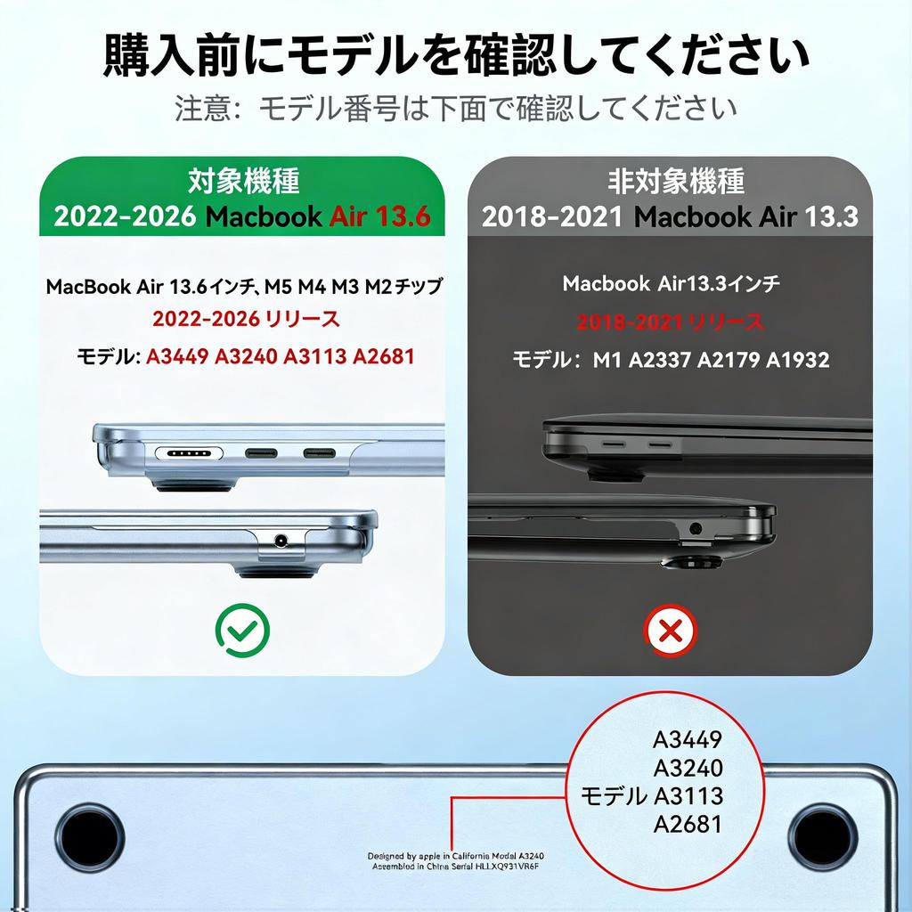 EooCoo [Ultra-thin Armor Case for MacBook Air 13.6 Inch M4 M3 M2 (2026 M5)] Compatible with A3449 A3240 A3113 A2681 2025 2024 2022, [100% Match Midnig