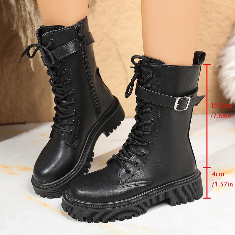 Fashion Fashion Buckle Platform Mid Calf Boots Women Lace Up Punk Motorcycle Boots Woman Autumn Winter Thick Sole Pu Leather Botas 35-42