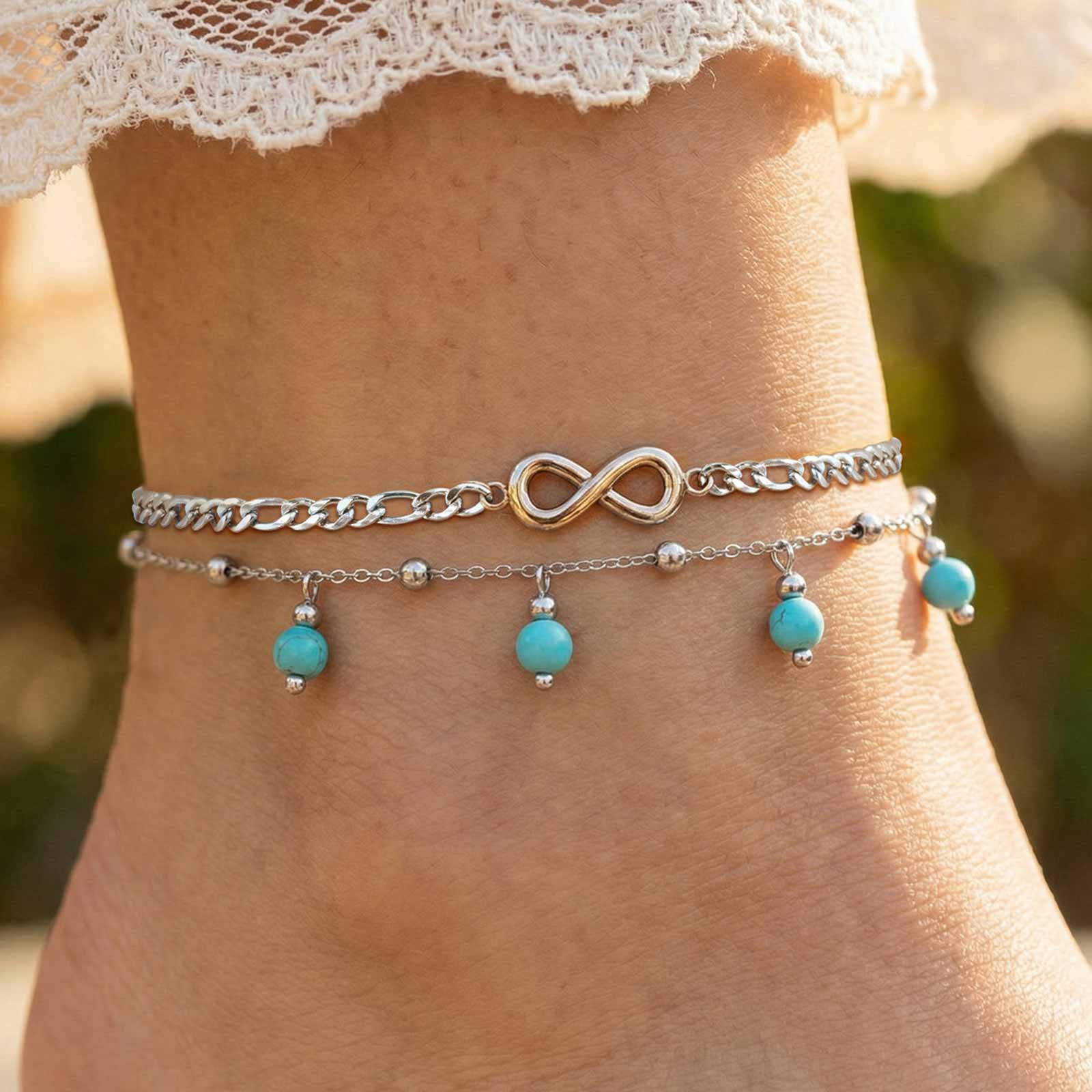 

Turquoise Infinity Double Layer Anklet for Women,Stainless Steel Natural Stone Bead Chain Anklets,Summer Eternal Jewelry Gift