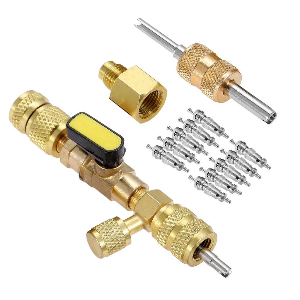 Valve Core Remover Installer Tool Kit with Dual Size 1/4 & 5/16 Port for with R22 R12 R407 R410 R404 R32 R600 HVAC System Repair
