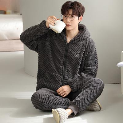 Men's Winter Flannel Thickened and Fleece Korean Hooded Homewear Set Autumn and Winter Coral Fleece Pajamas