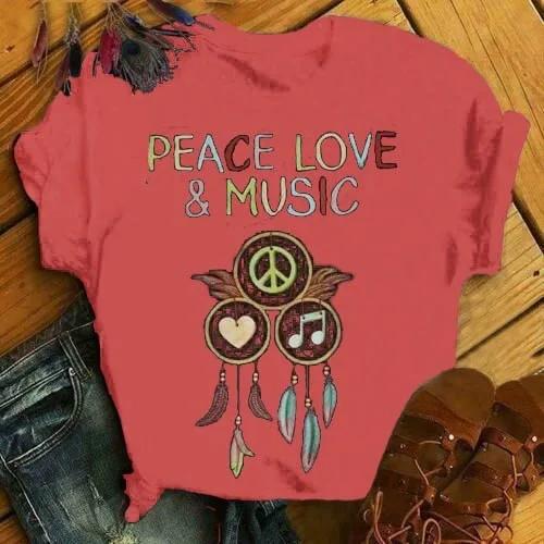 Peace Love Music Wind Chimes Print Women T Shirt Short Sleeve O Neck Loose Women Tshirt Ladies Fashion Tee Shirt Tops Clothes