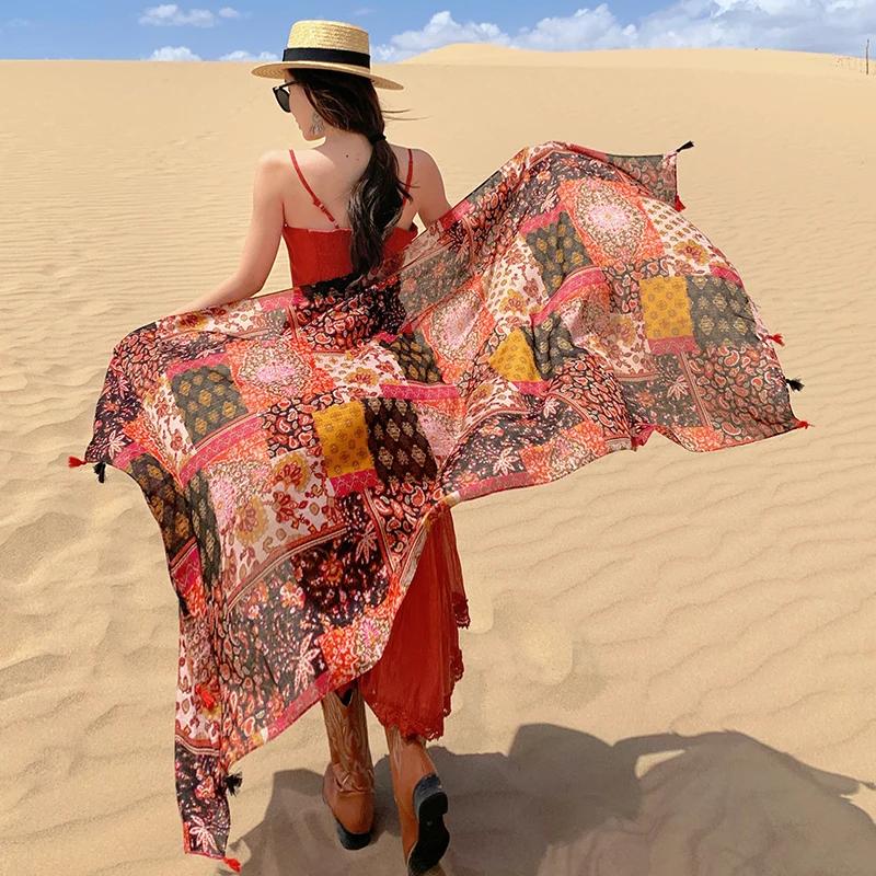 Design Brand Women Scarf Sunscreen Cotton Shawls Dual-Use Summer Autumn Long Scarves Seaside Holiday Beach Towel Beachwear Veils