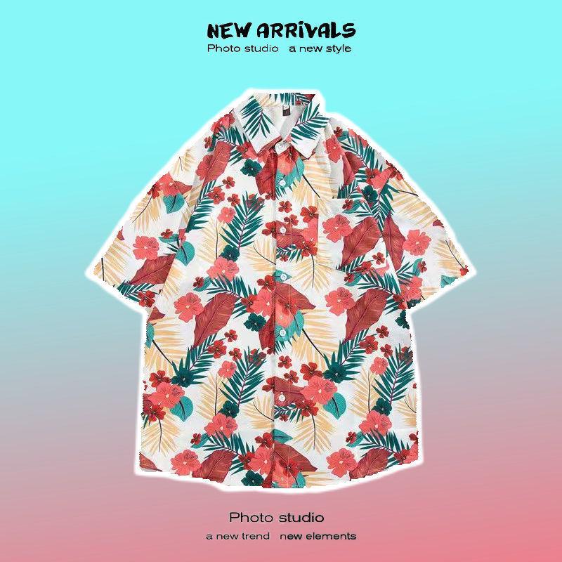 Pánská košile s krátkým rukávem v retro květinovém stylu ve stylu Hongkongu - Havajský design, Rebelská, Všestranná, Volný střih, Letní nošení, Ideální pro páry.
