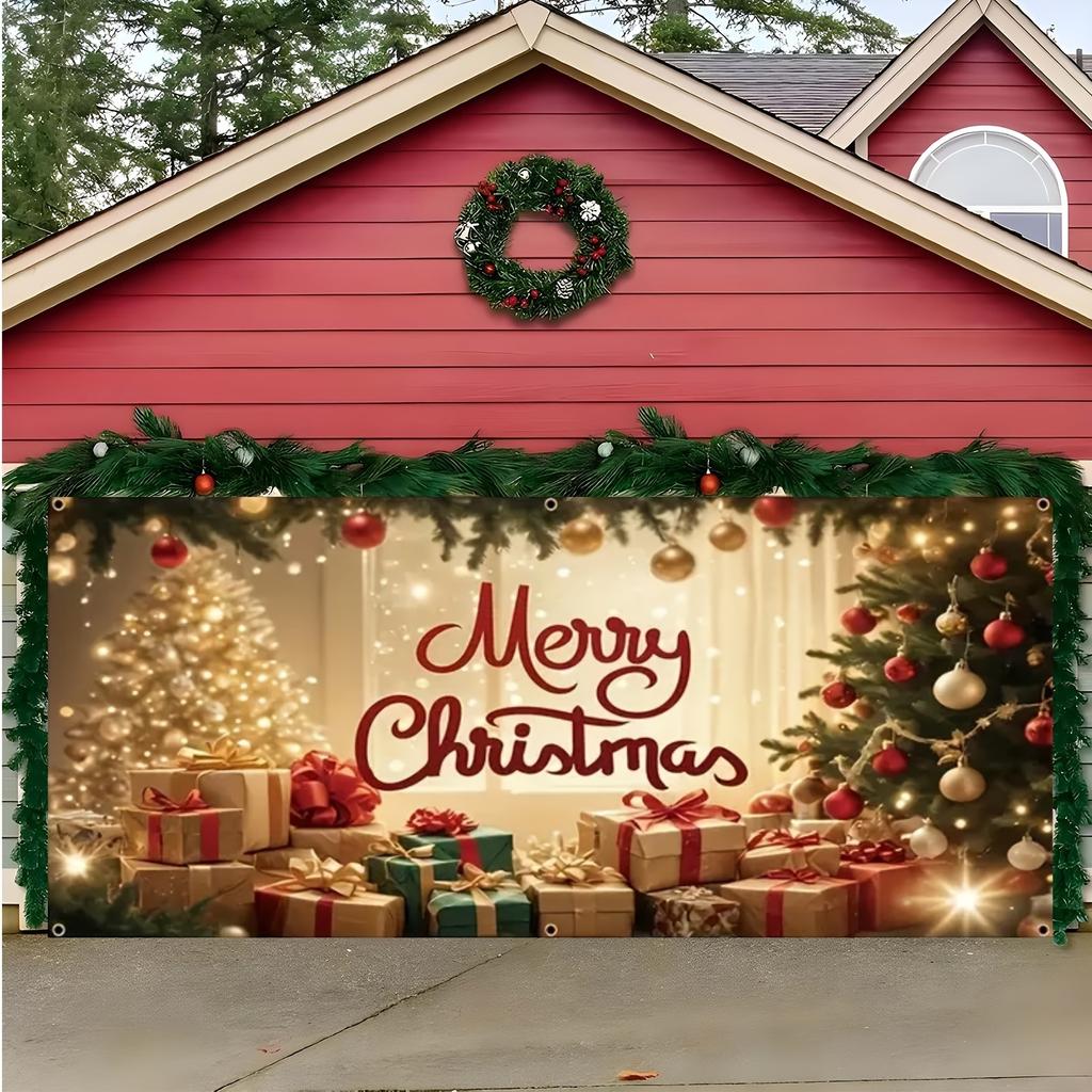 1pc oversized Christmas garage door cover Christmas background with Christmas tree gifts and lights