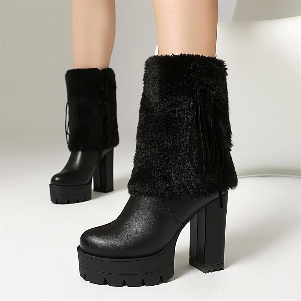 Women's Fur Ankle Boots Platform Shoes Fashion Bow 11CM High Heels White Black Autumn Winter Short Boot Ladies Size 35-50