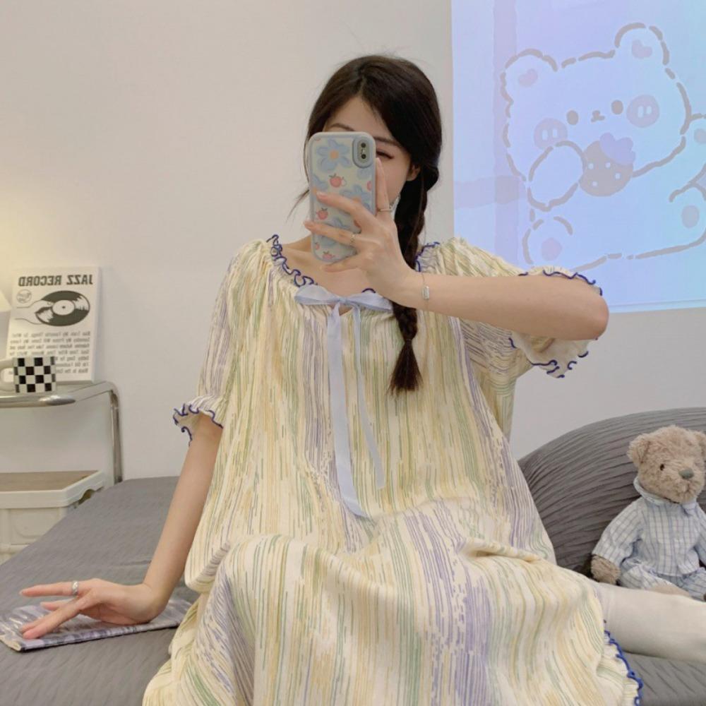 New Summer Cotton Short-sleeved Nightgown for Women Sweet Thin Round Neck Mid-length